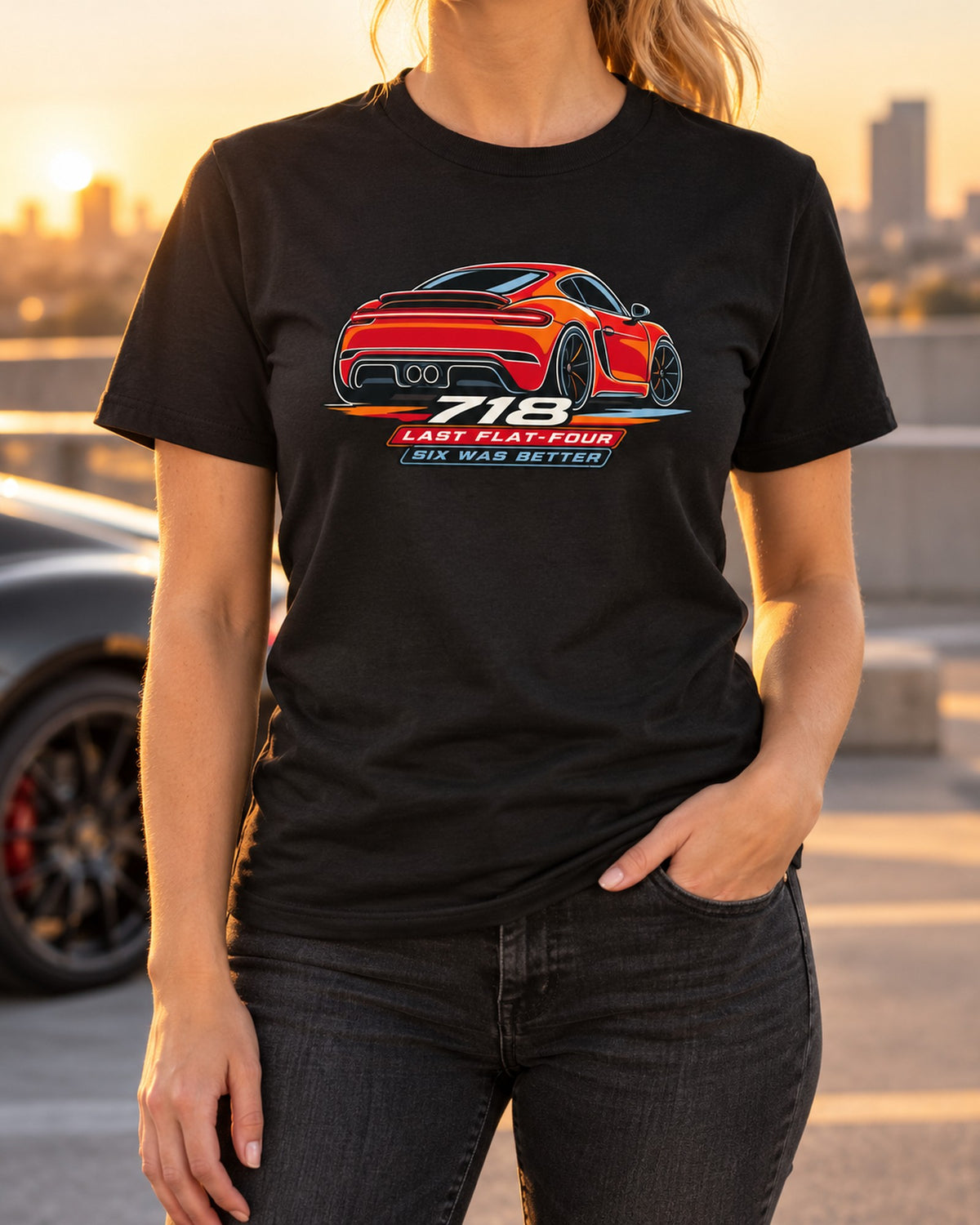Porsche 718 Cayman 982 Single Line Shirt, Last Flat-Four T-Shirt Black worn hero