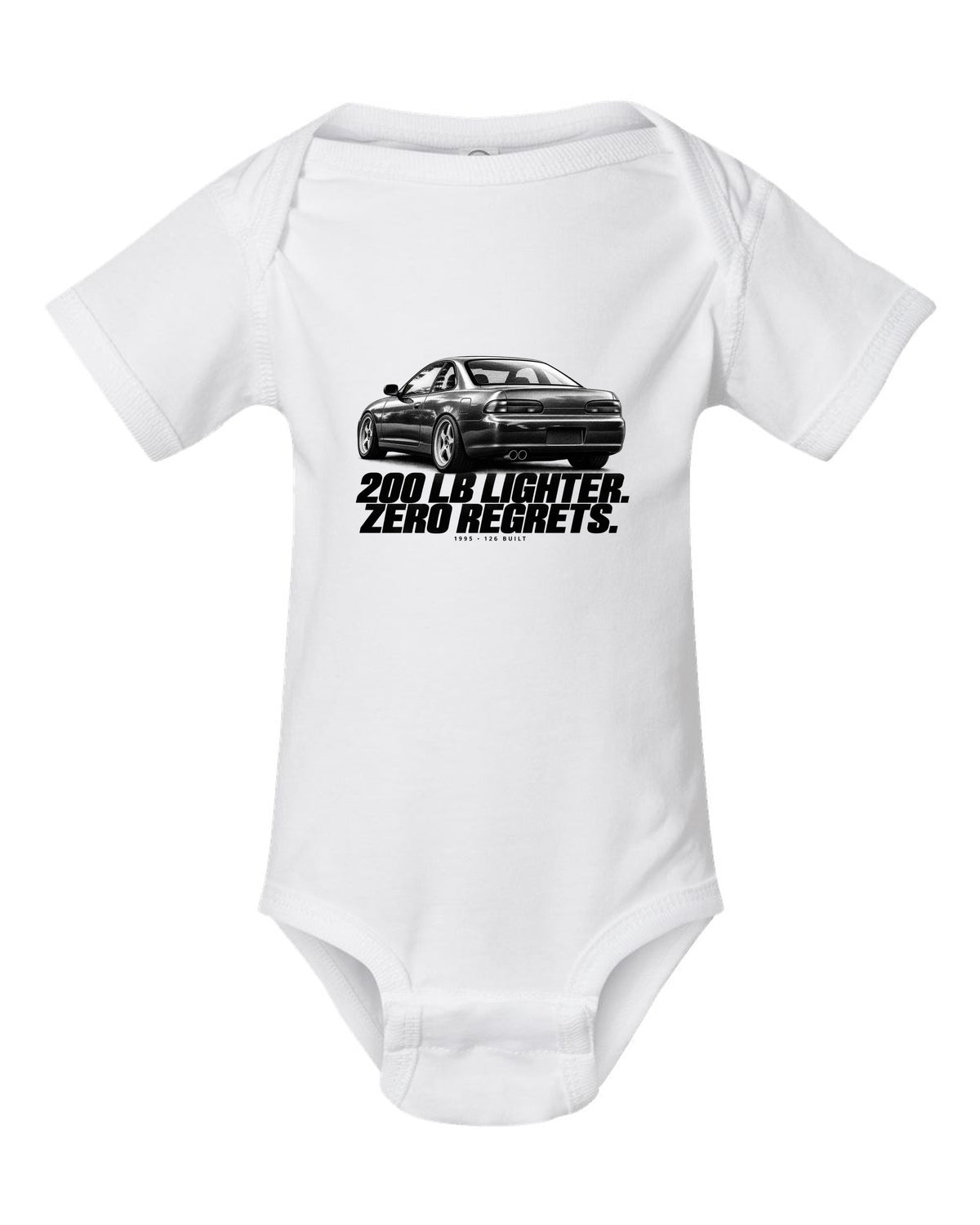 BMW E36 M3 Lightweight 1995 halftone print with 200 lb lighter and 126 built text white baby onesie front view with the design