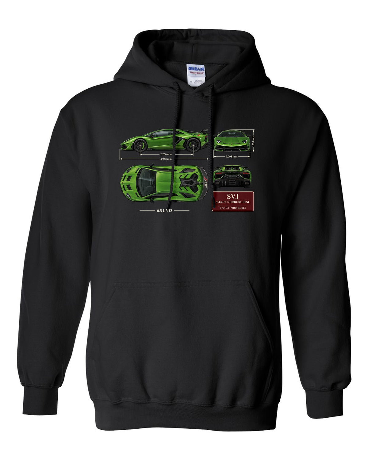Dimension blueprint print of the Lamborghini Aventador SVJ with Nurburgring lap time black pull over hoodie front view with the design