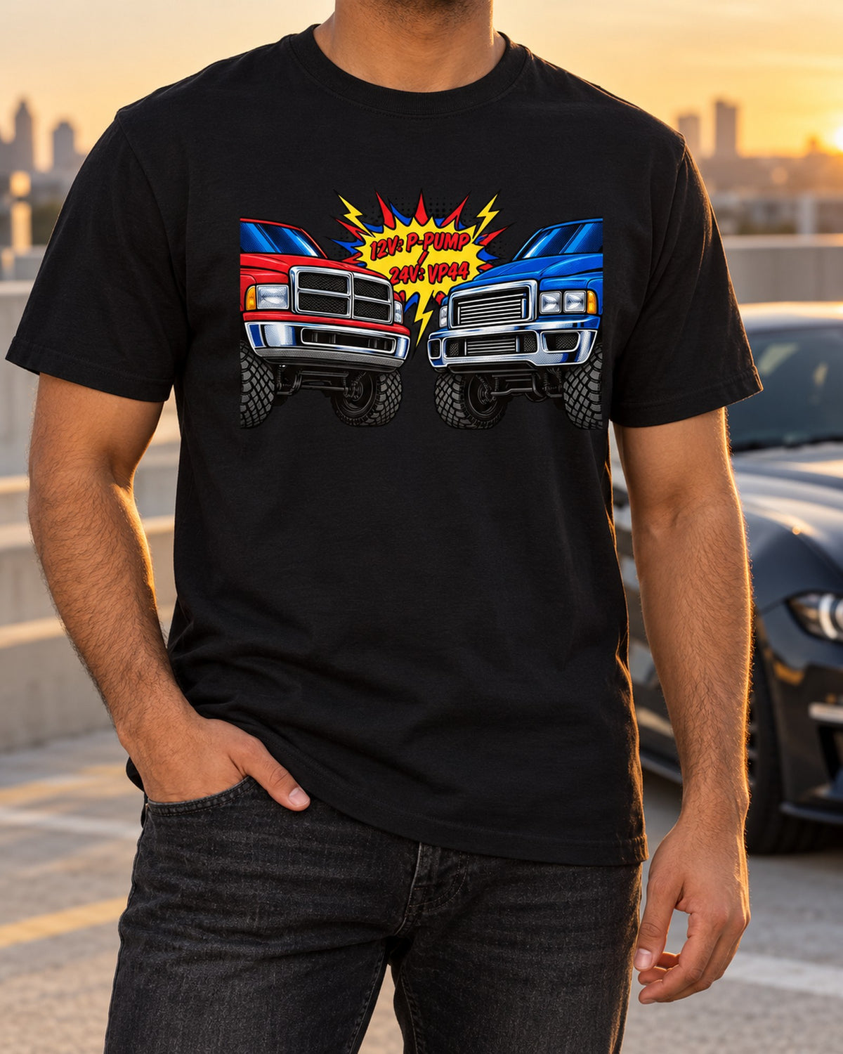 12V vs 24V Cummins Pop Art Shirt, Ram 2500 Diesel Debate T-Shirt Black worn hero