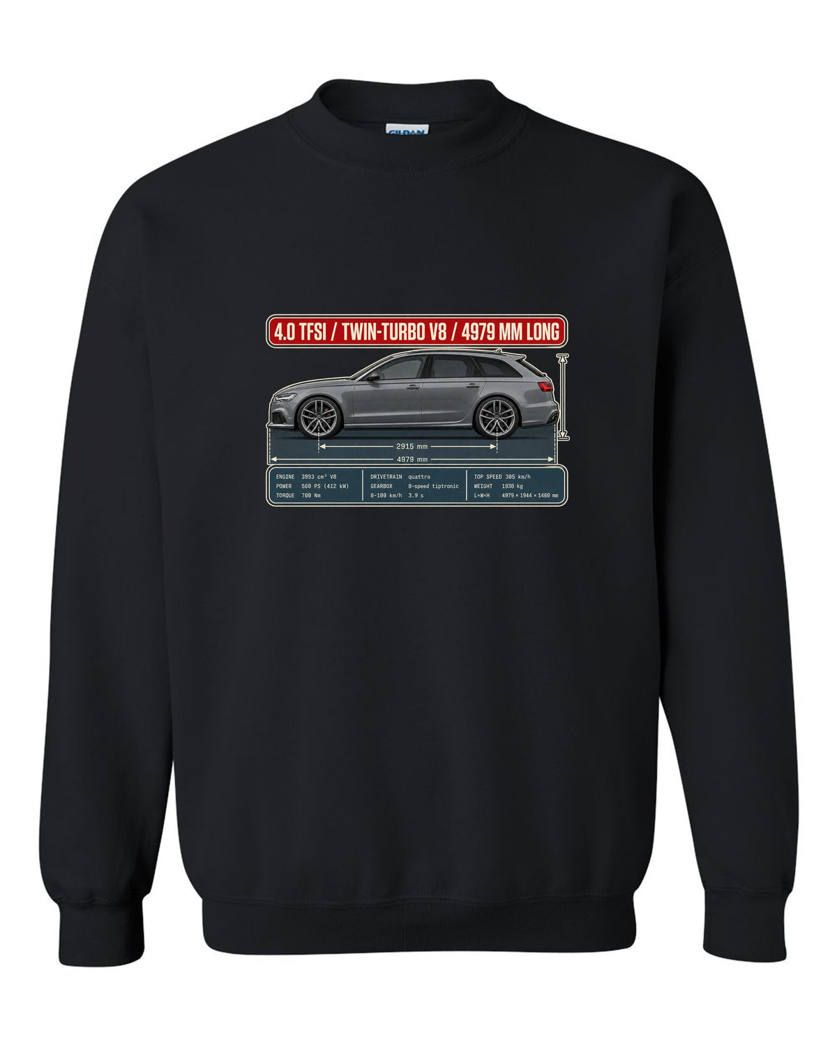 Audi RS6 Avant C7 Daytona grey dimension blueprint print black crewneck front view with the design