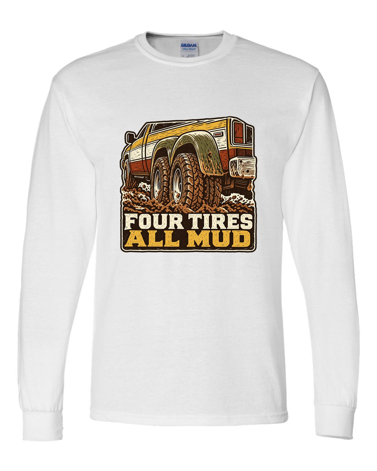 Linocut print of a 1994-1998 Dodge Ram 2nd gen dually in mud with four tires all mud text white long sleeve front view with the design
