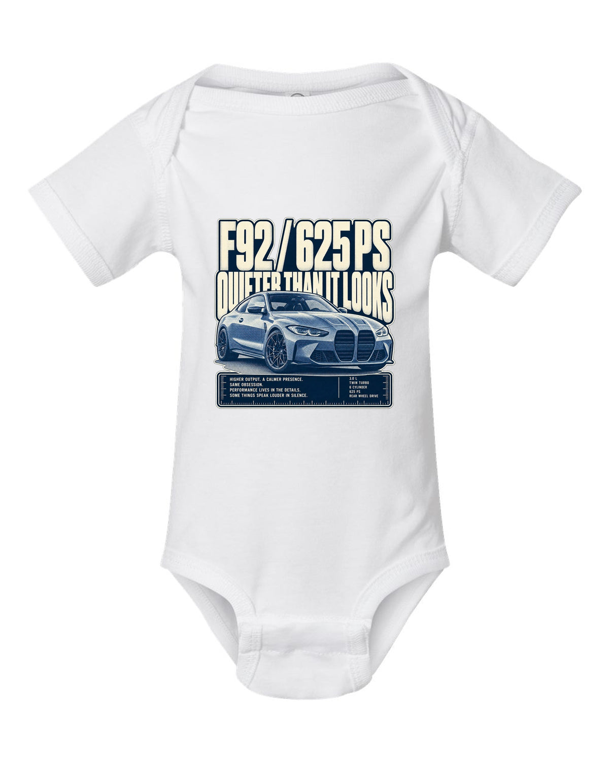 BMW M8 Competition F92 halftone statement print on a tee white baby onesie front view with the design