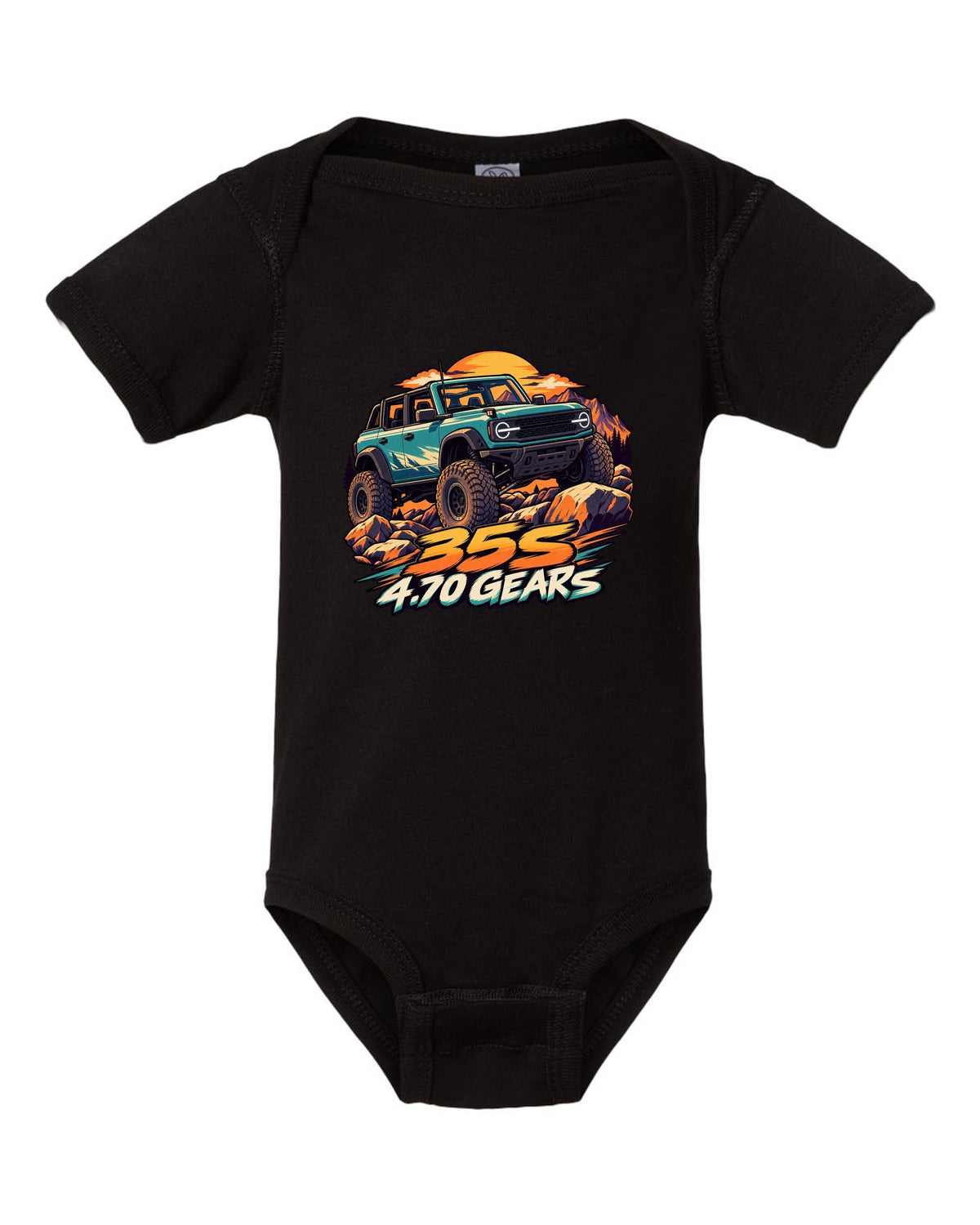 Ford Bronco 6G four-door Sasquatch in a cel-shaded anime print black baby onesie front view with the design