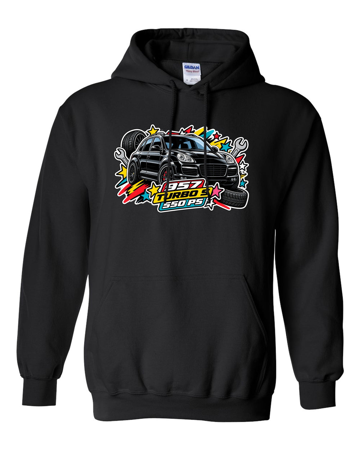 Porsche 991 R patent line art coupe design with 6-speed and 991 built text black pull over hoodie front view with the design