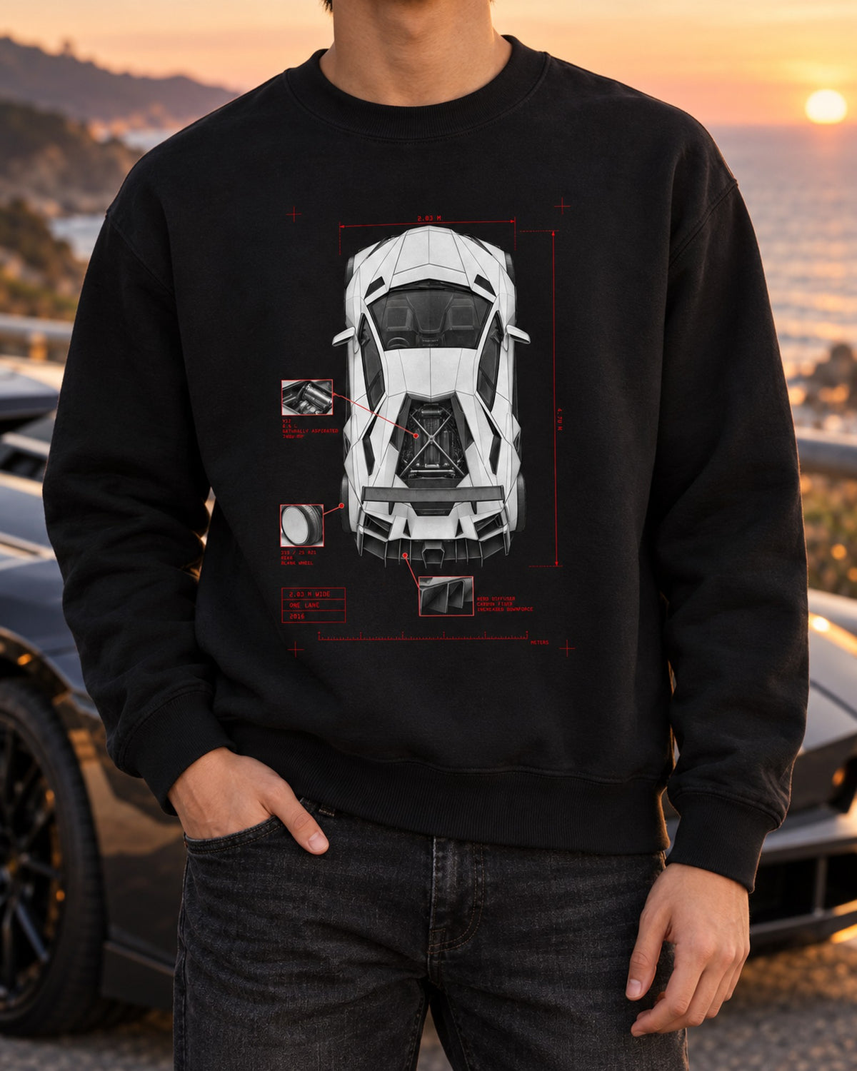 Lamborghini Aventador S LP740-4 Spec Poster Shirt, Car Guy Gift Crewneck Black worn hero