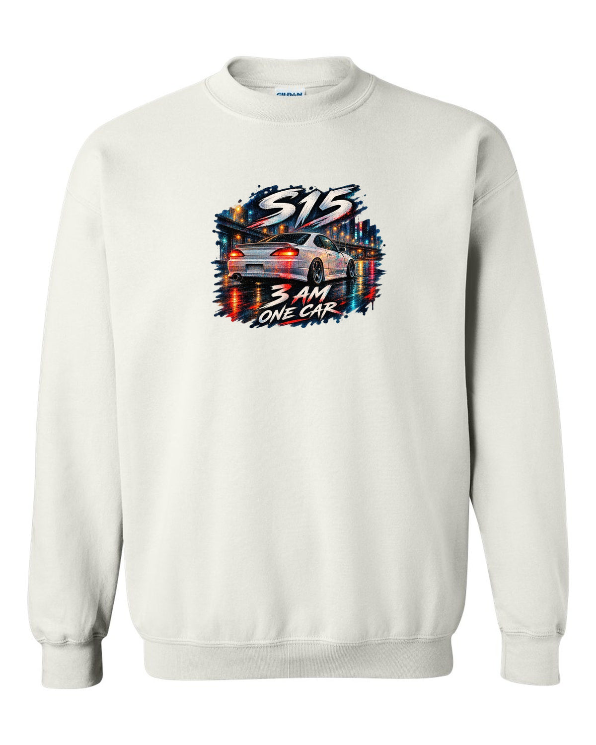 Watercolour wet-road night scene of a Nissan Silvia S15 at 3 AM white crewneck front view with the design