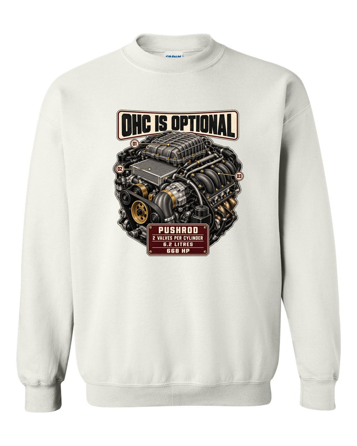print of the Cadillac LT4 6.2L supercharged V8 engine from the CT5-V Blackwing white crewneck front view with the design