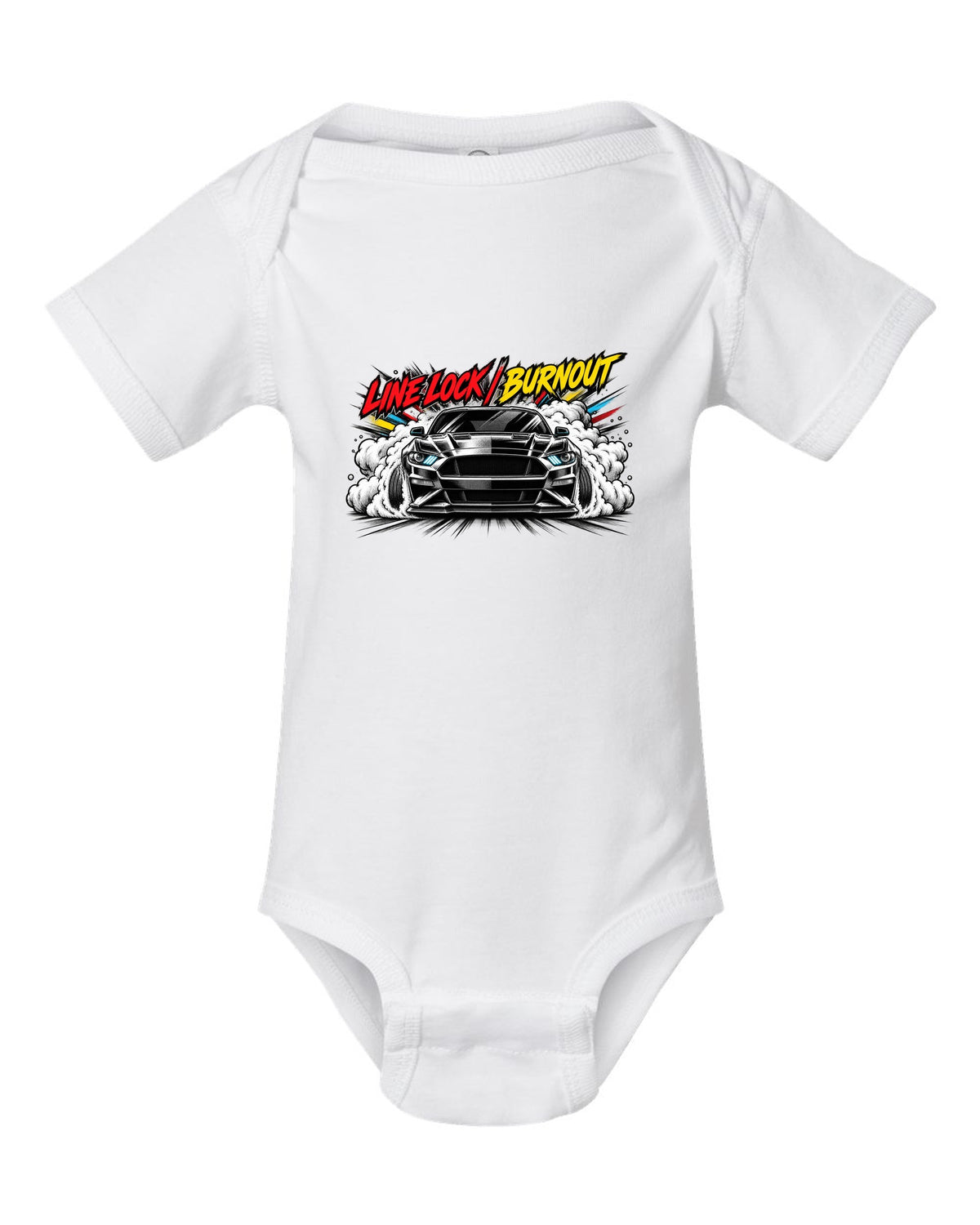 Varsity embroidery-style crest of an S550 Mustang fastback reading Yes, It's A Four white baby onesie front view with the design