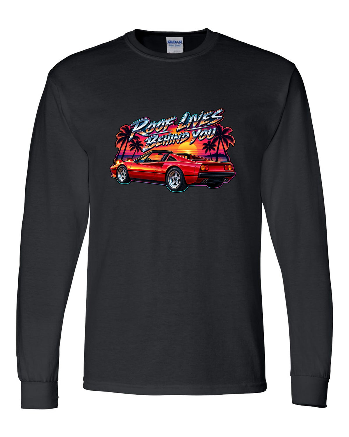 1980s airbrush style print of a Ferrari 308 GTS targa at sunset with palm trees black long sleeve front view with the design