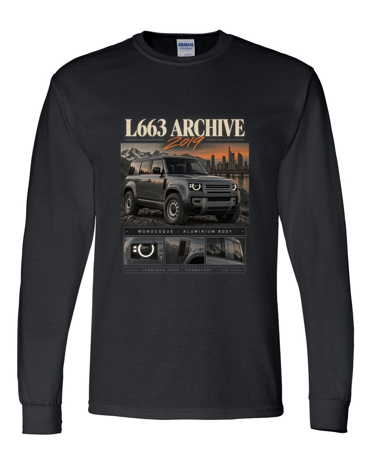 Land Rover Defender L663 110 archive panel print with 2019 Frankfurt text black long sleeve front view with the design