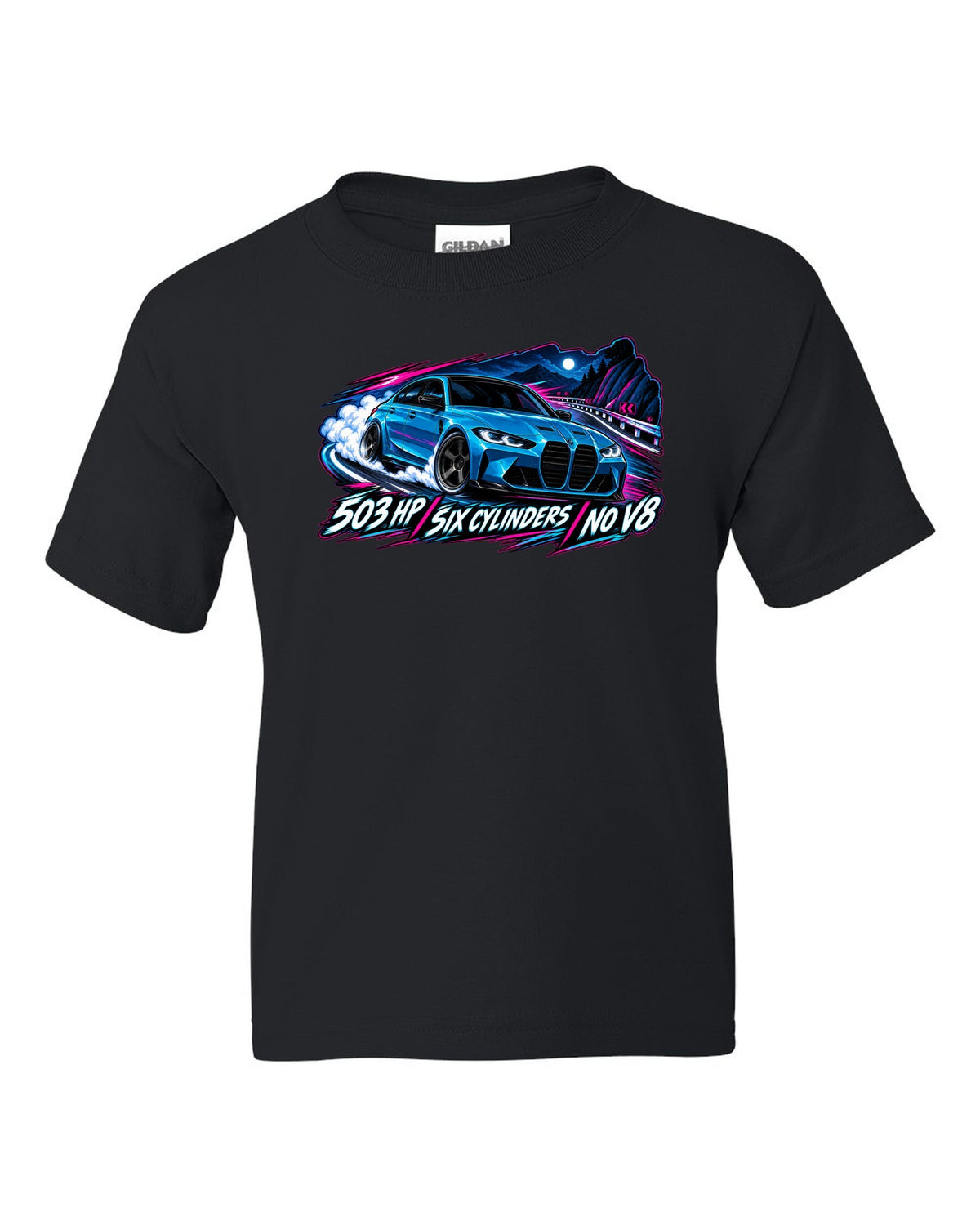 BMW G80 M3 Competition cel-shaded anime night touge print with 503 HP text black kids tee front view with the design