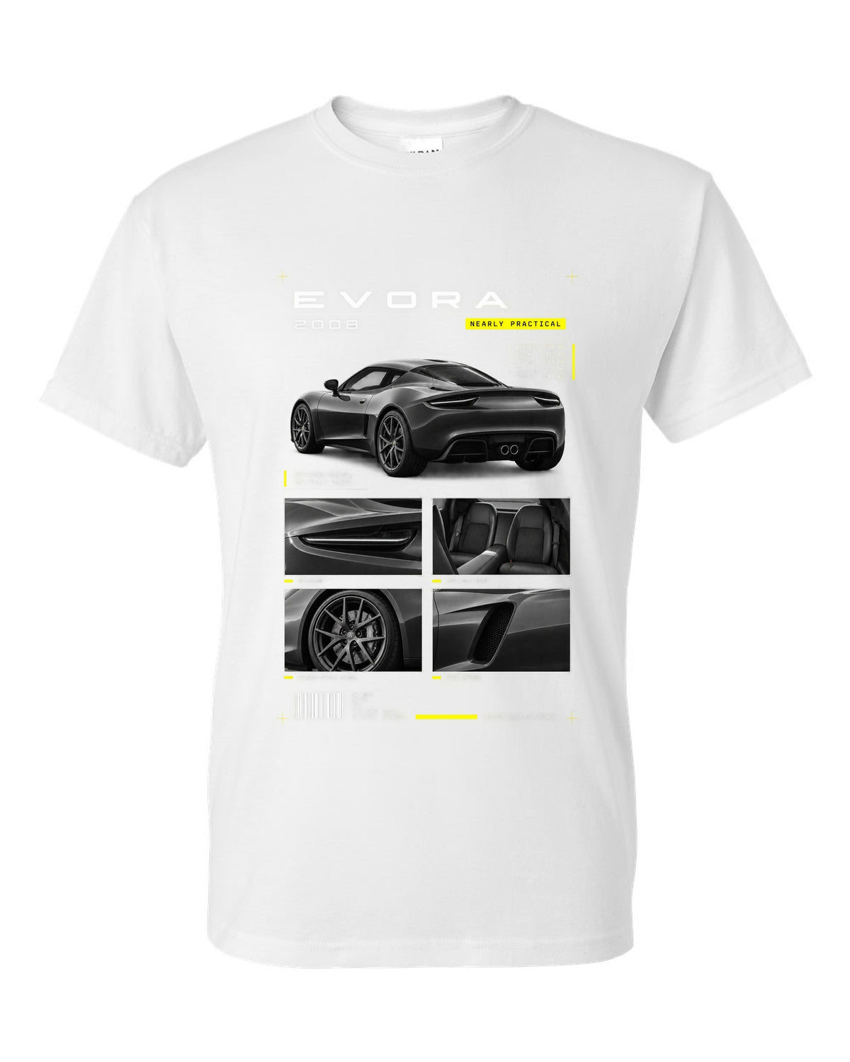 Lotus Evora 2008 dossier panels print white t-shirt front view with the design
