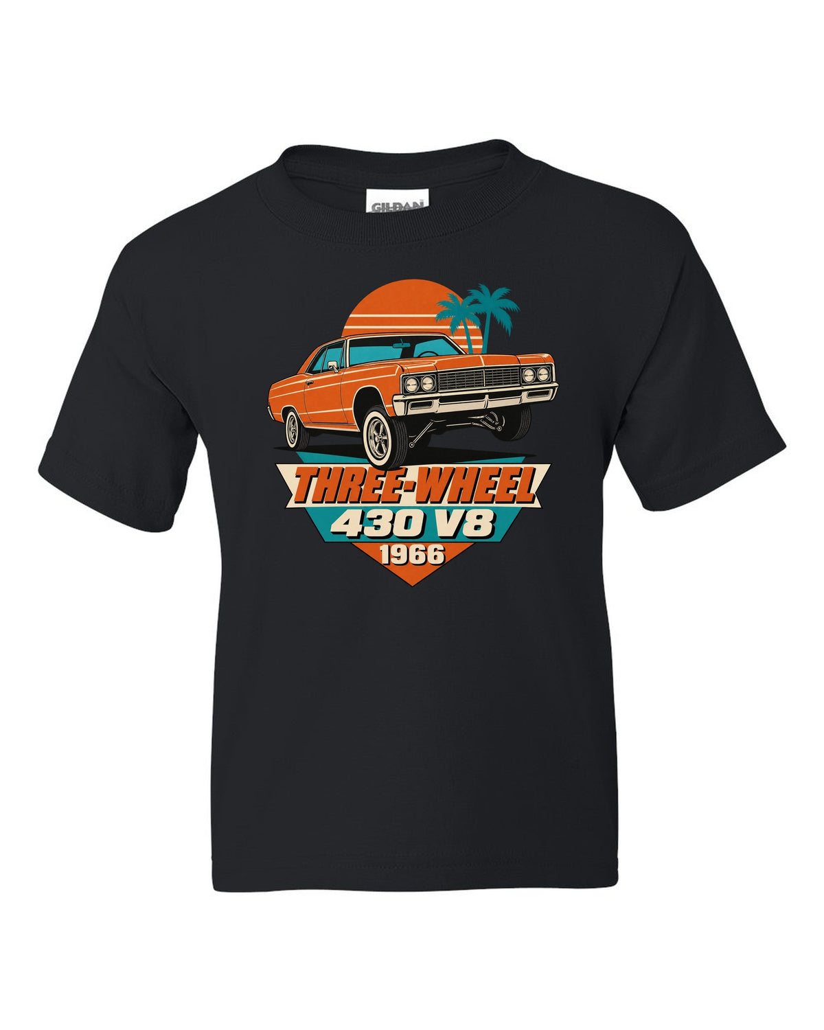 1966 Lincoln Continental lowrider on hydraulics in a 1960s litho poster style black kids tee front view with the design