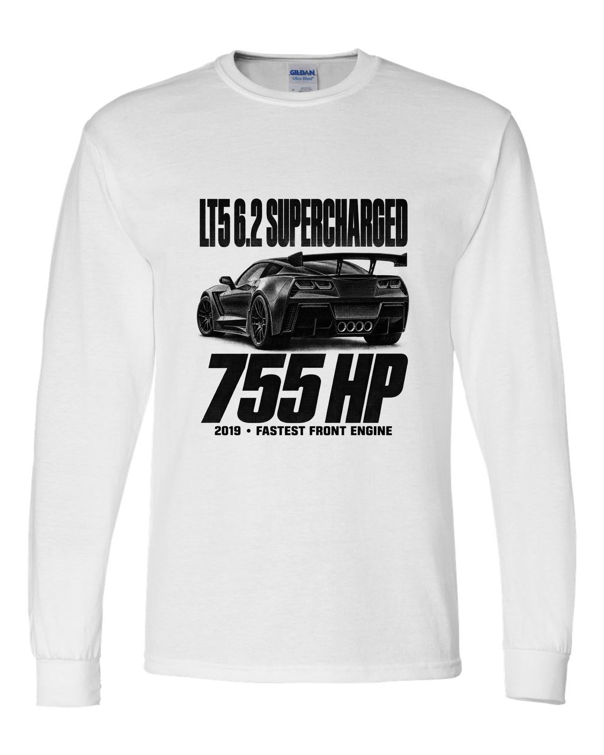 Corvette C7 ZR1 2019 halftone print with rear wing and vents white long sleeve front view with the design