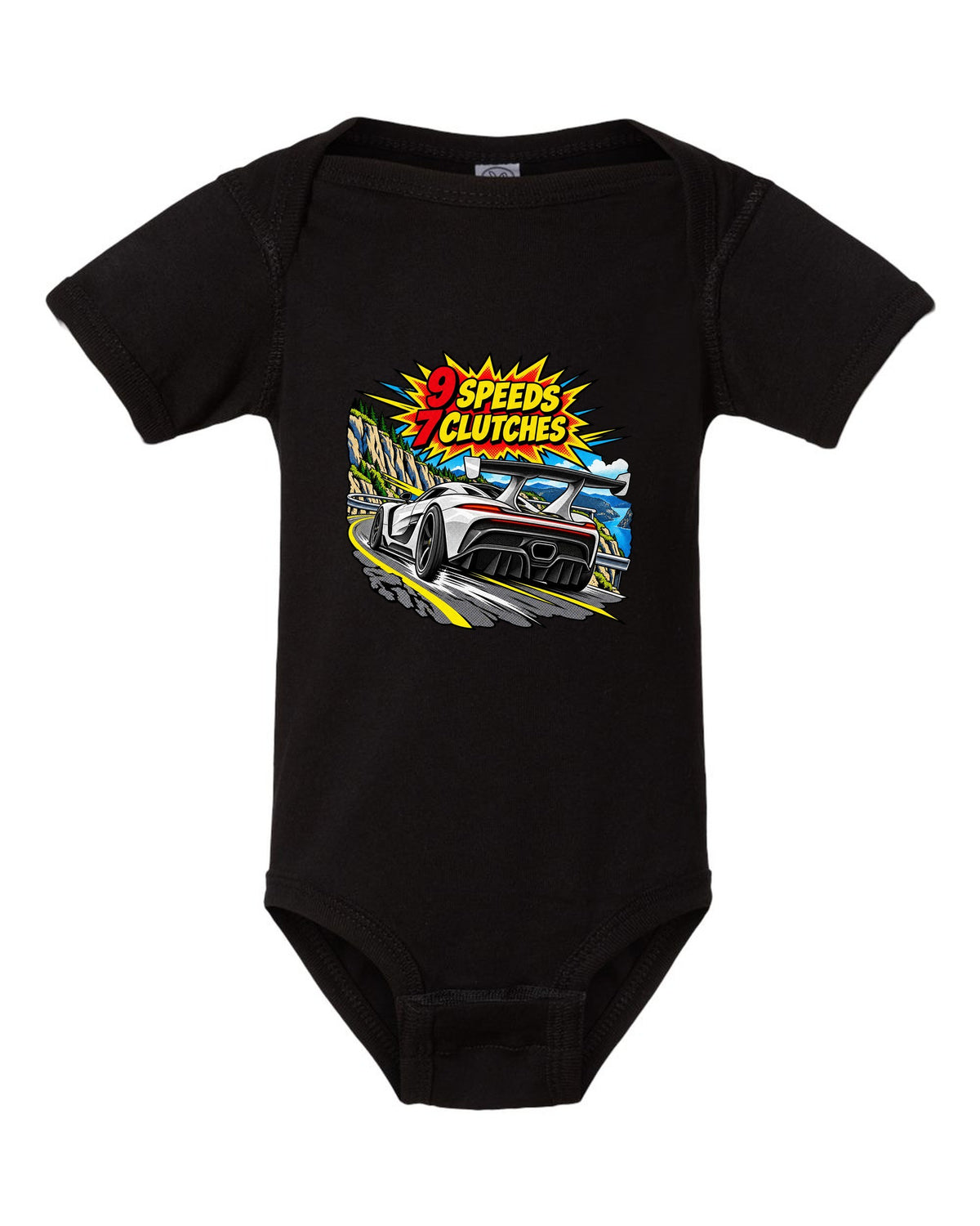 Comic halftone pop art print of a Koenigsegg Jesko with 9 speeds and 7 clutches lettering black baby onesie front view with the design