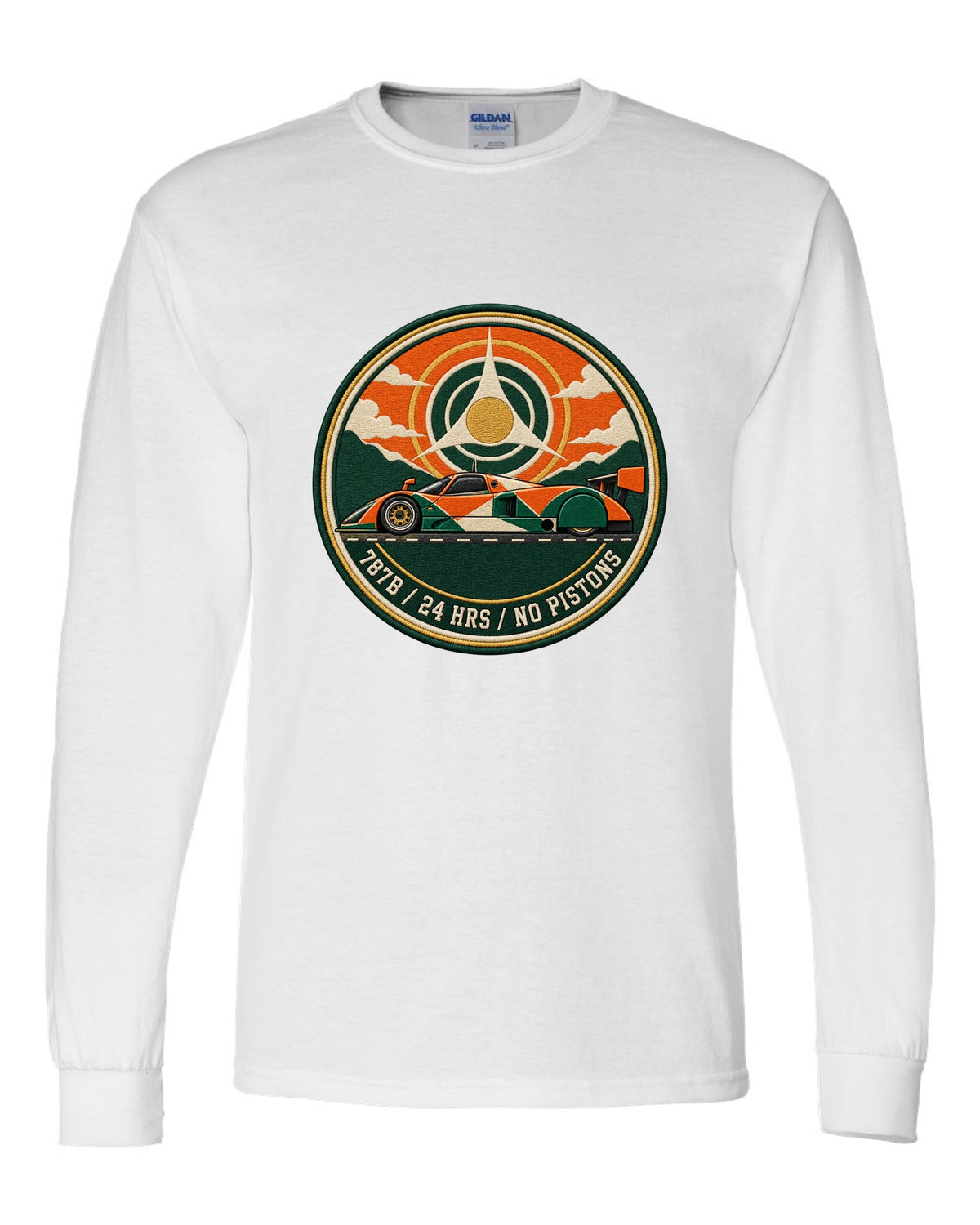 Varsity crest print of the Mazda 787B with 24 hrs and no pistons lettering white long sleeve front view with the design