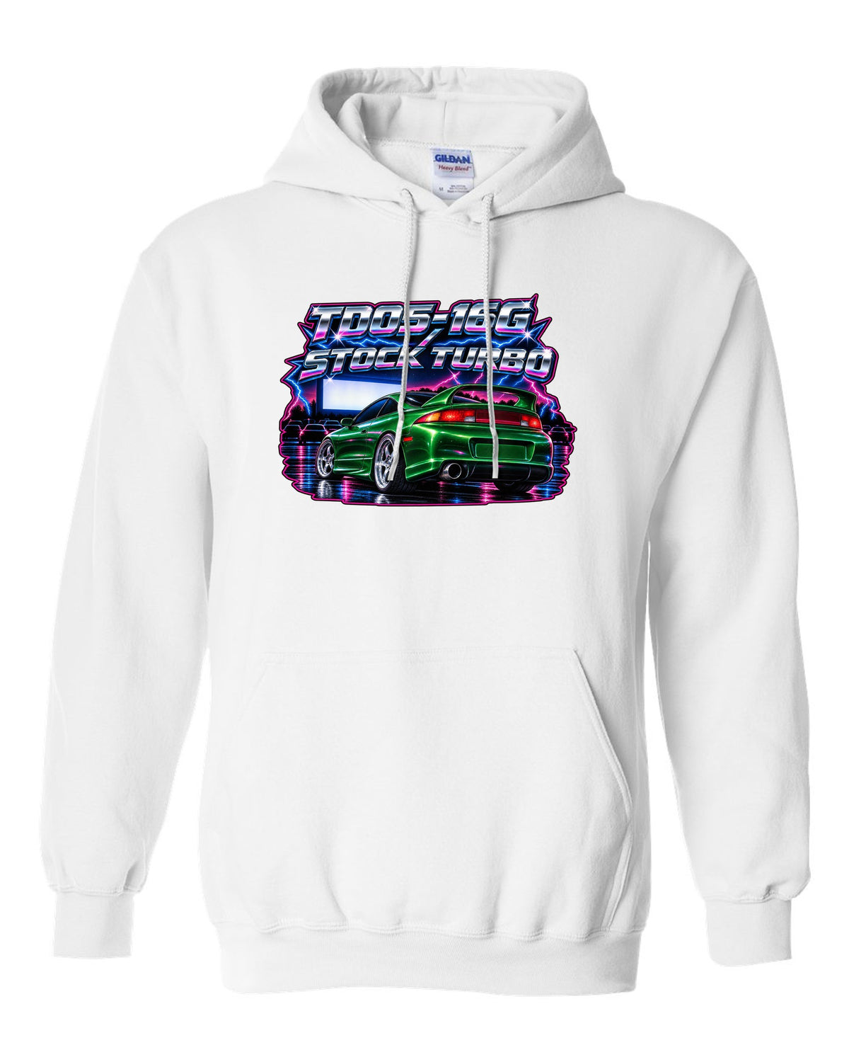 80s airbrush chrome print of a Mitsubishi Eclipse GSX 2G with TD05-16G stock turbo text white pull over hoodie front view with the design