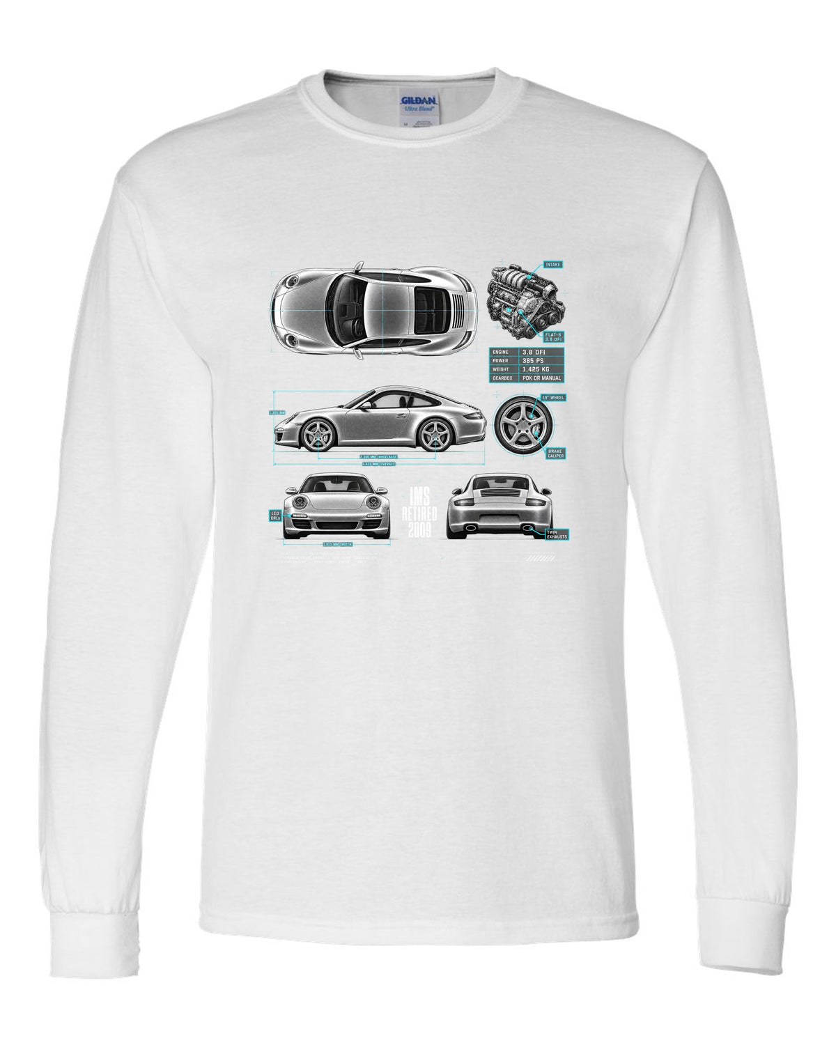 Spec poster print of a Porsche 911 Carrera S (997.2) with the headline IMS Retired 2009 white long sleeve front view with the design