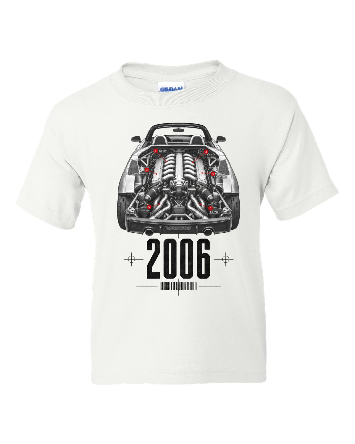 Engine hero print of a Lamborghini Gallardo Spyder with 5.0 V10 and 90 Degrees text white kids tee front view with the design