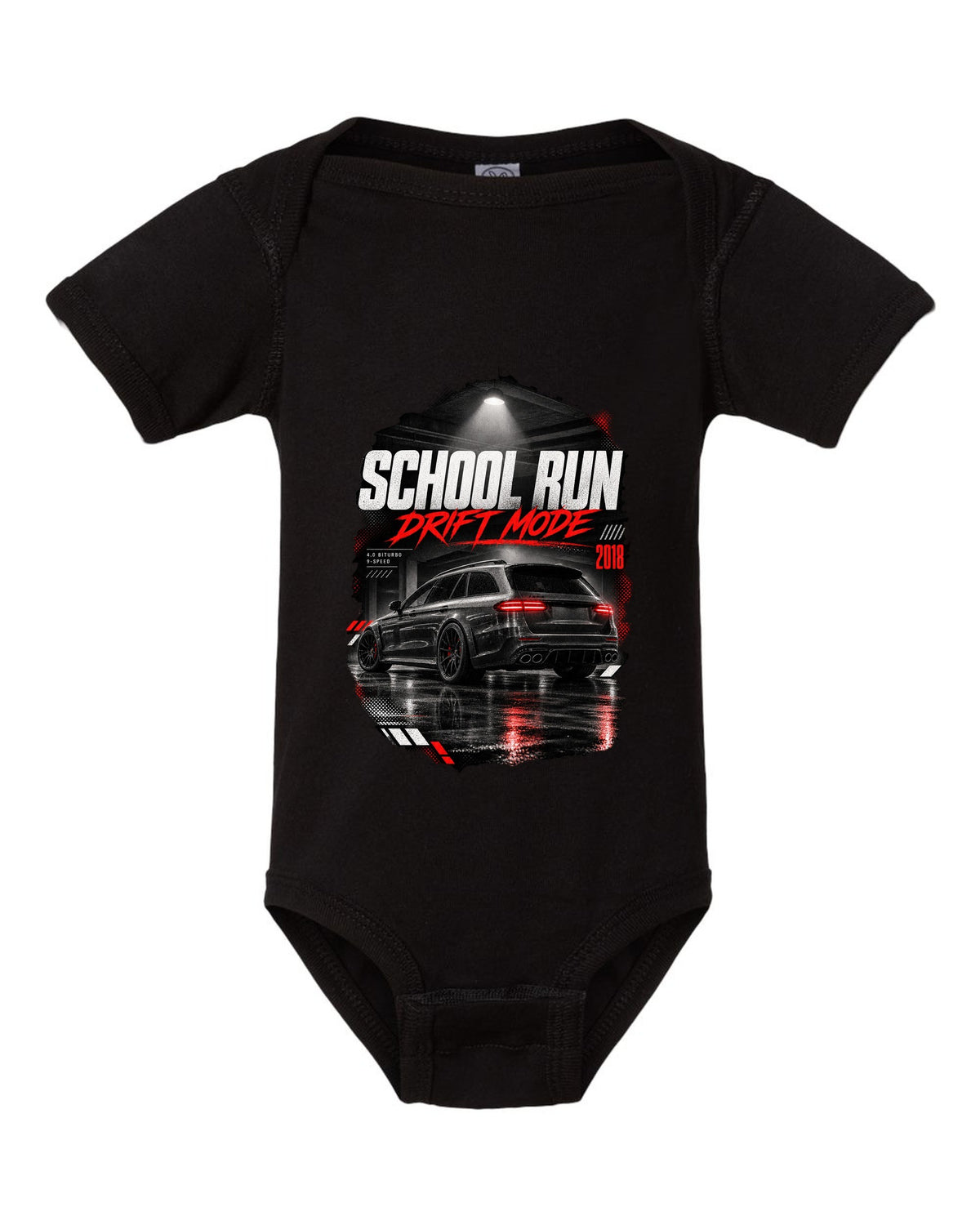 print of a Mercedes E63 S wagon S213 in a night garage with the text School Run / Drift Mode black baby onesie front view with the design