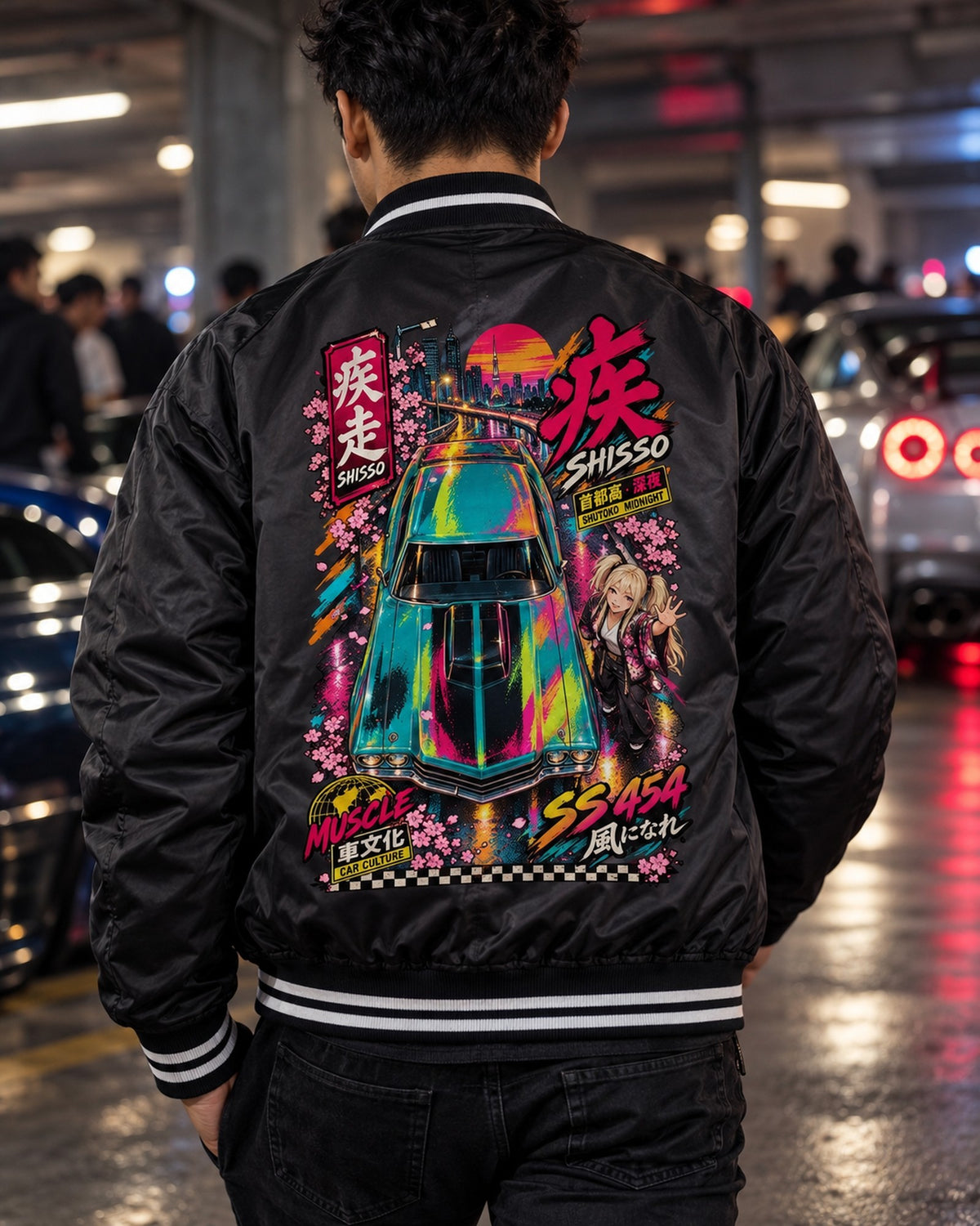 SHISSO SS 454 Anime Girl Full-Back Graphic Tee Bomber Jacket Black worn hero