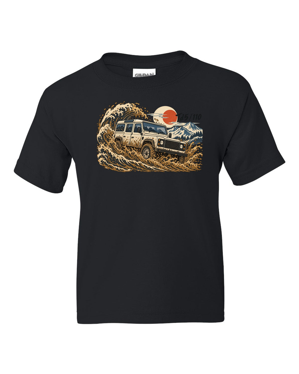 Ukiyo-e woodblock print of a Land Rover Defender 110 Td5 driving through a wave of mud black kids tee front view with the design