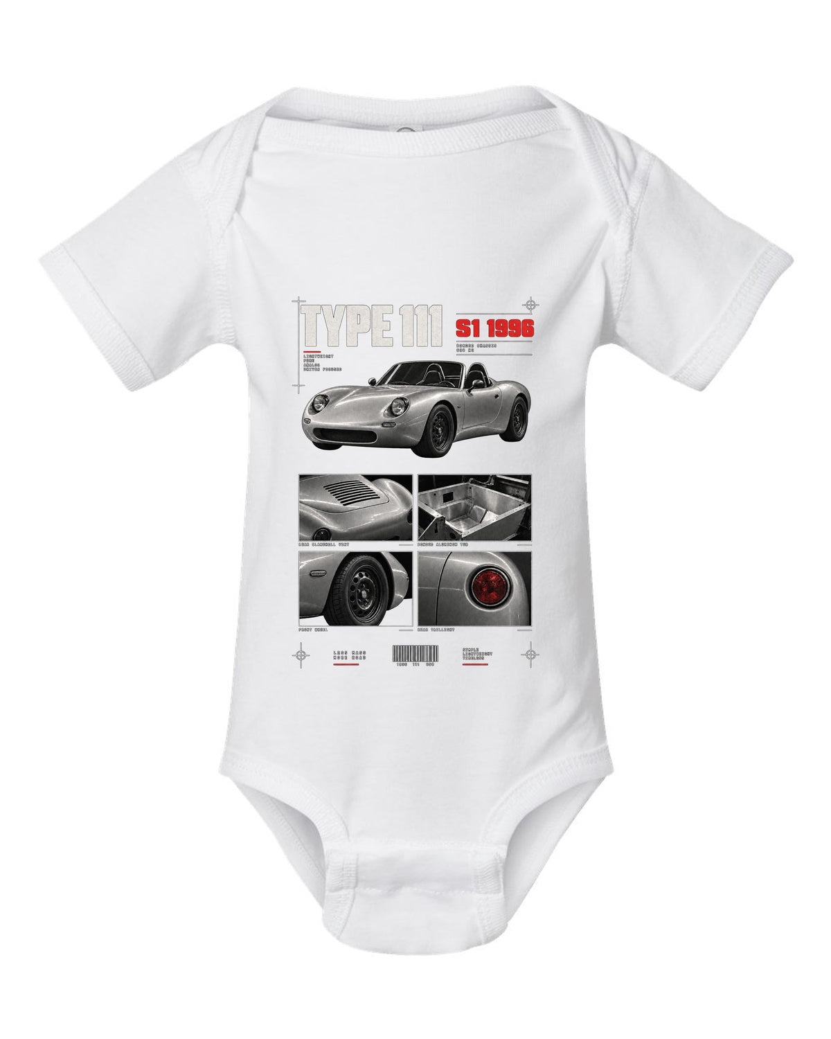 Dossier panel print of a 1996 Lotus Elise S1 Type 111 with bonded aluminium chassis white baby onesie front view with the design
