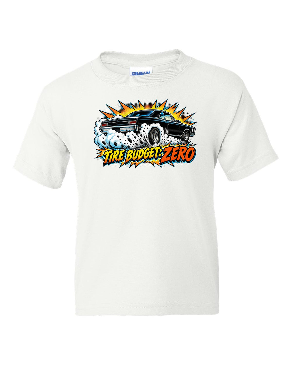 Comic halftone burst illustration of a 1966 Chevrolet Chevelle Malibu SS doing a burnout white kids tee front view with the design