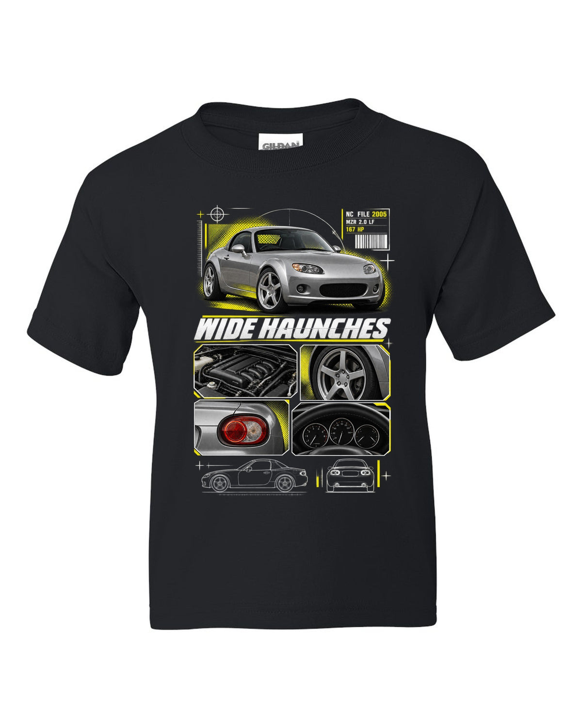 Dossier panels print for the Mazda MX-5 NC PRHT 2005-15 with MZR 2.0 LF and wide haunches black kids tee front view with the design