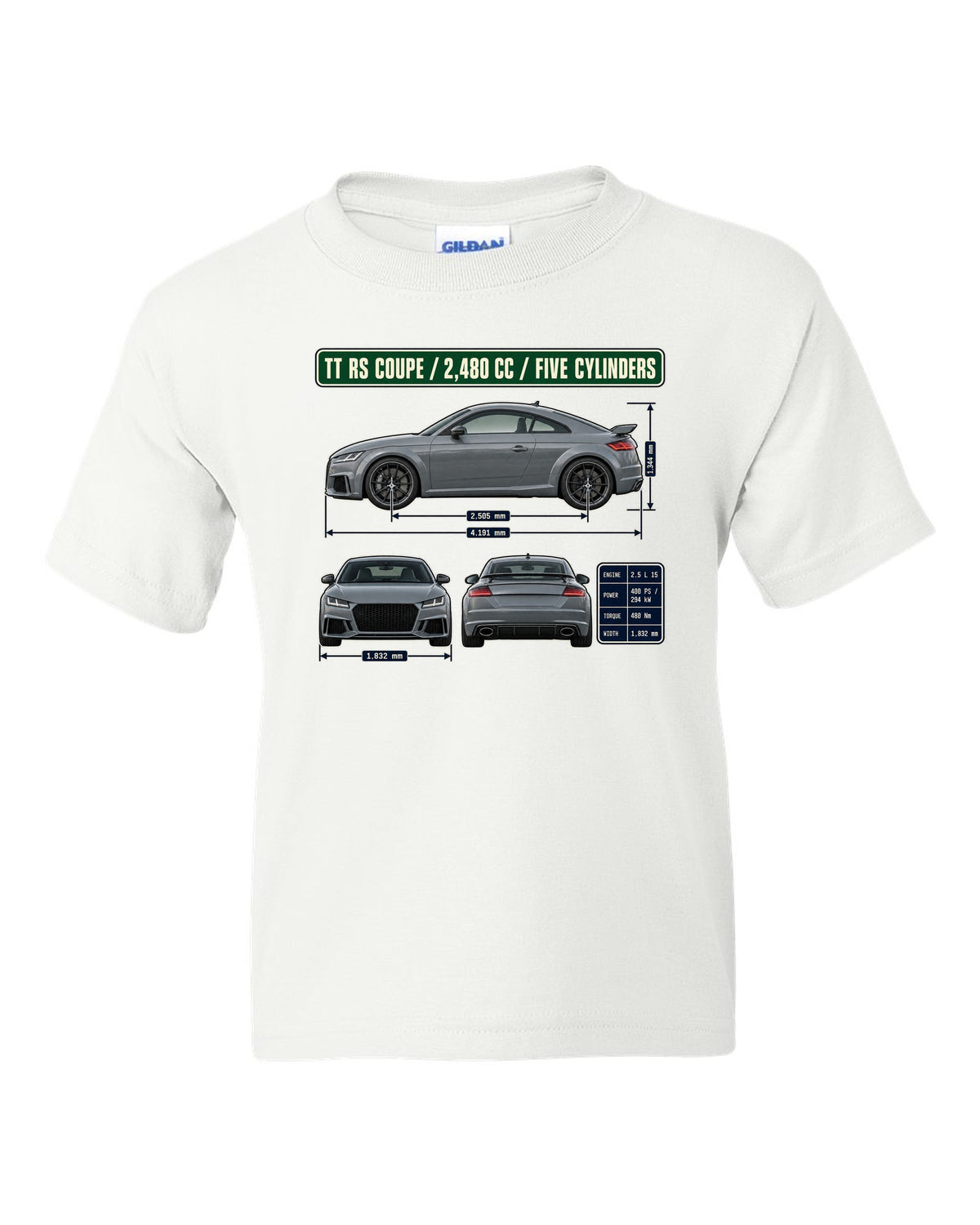Audi TT RS 8S coupe dimension blueprint print with five-cylinder engine size white kids tee front view with the design