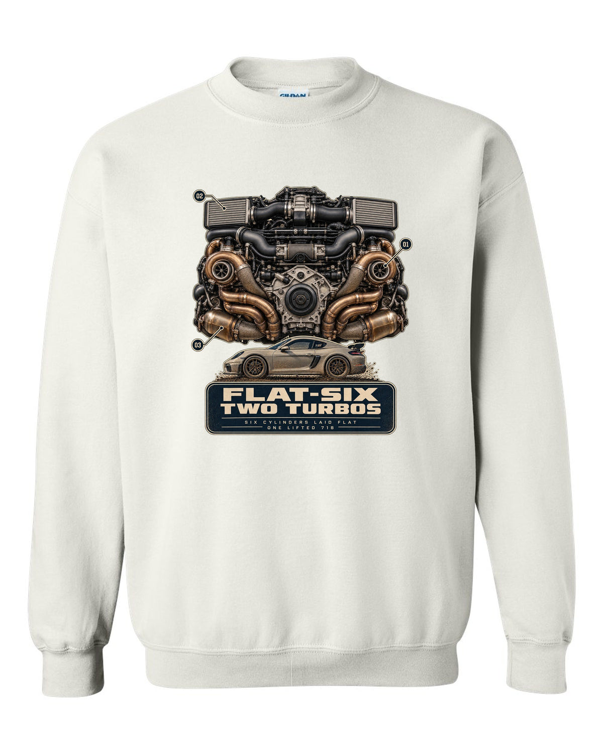 Engine hero print of a Porsche 911 Dakar 992 flat-six with two turbos white crewneck front view with the design