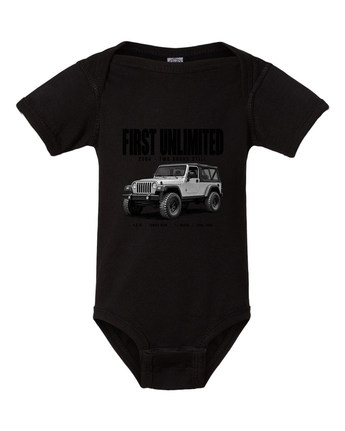 Halftone print for the Jeep Wrangler LJ Unlimited, First Unlimited 2004 black baby onesie front view with the design