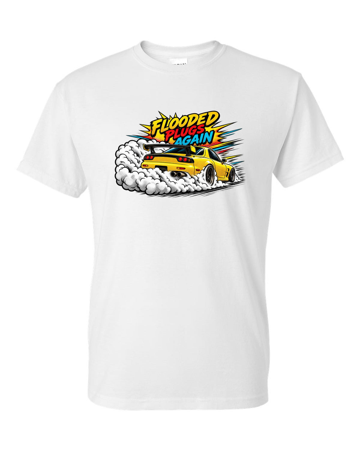 Comic halftone pop art print of a Mazda RX-7 FD3S with text Flooded, Plugs, Again white t-shirt front view with the design