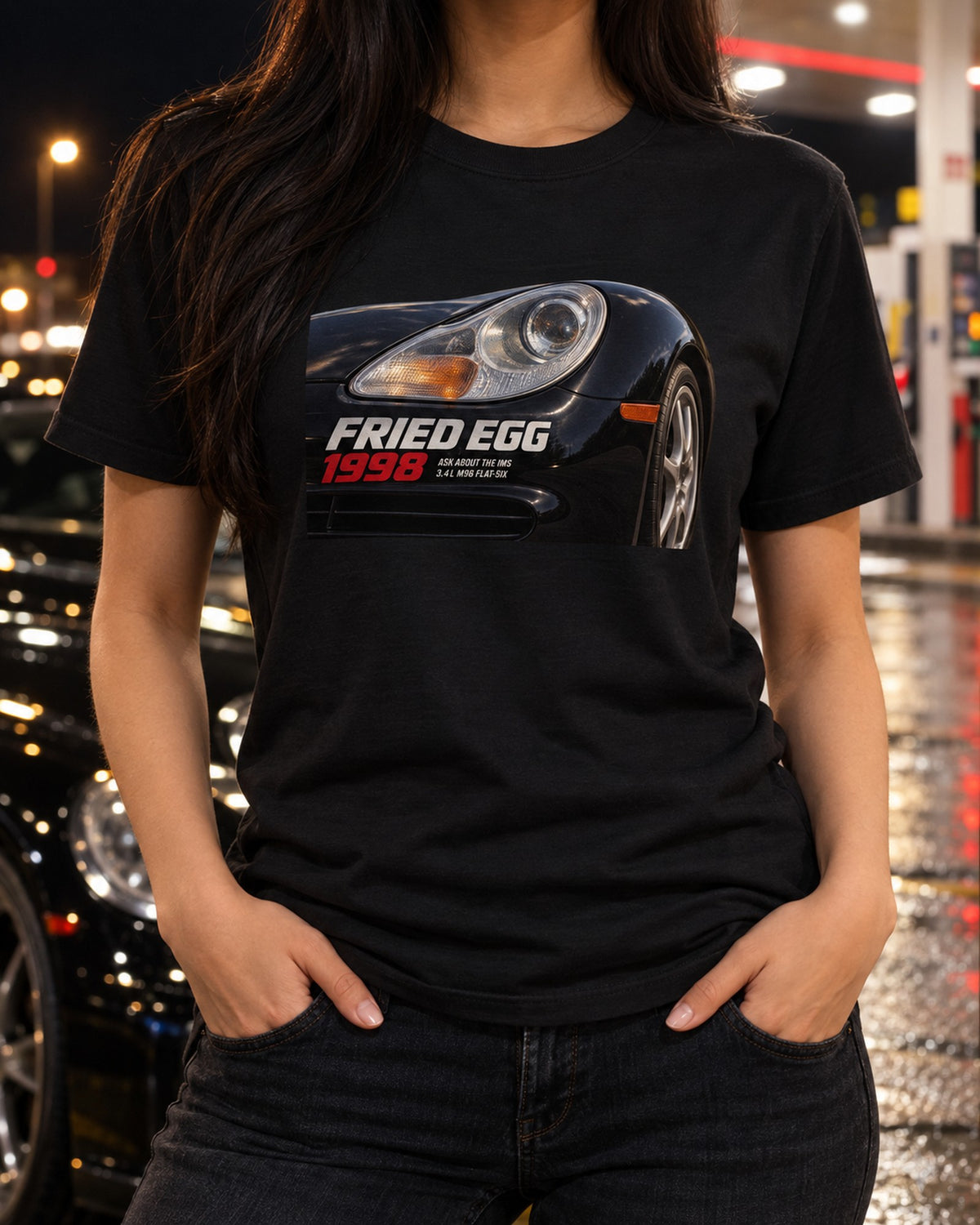 Porsche 911 996 Fried Egg Detail Tee, IMS Joke Car Gift T-Shirt Black worn hero