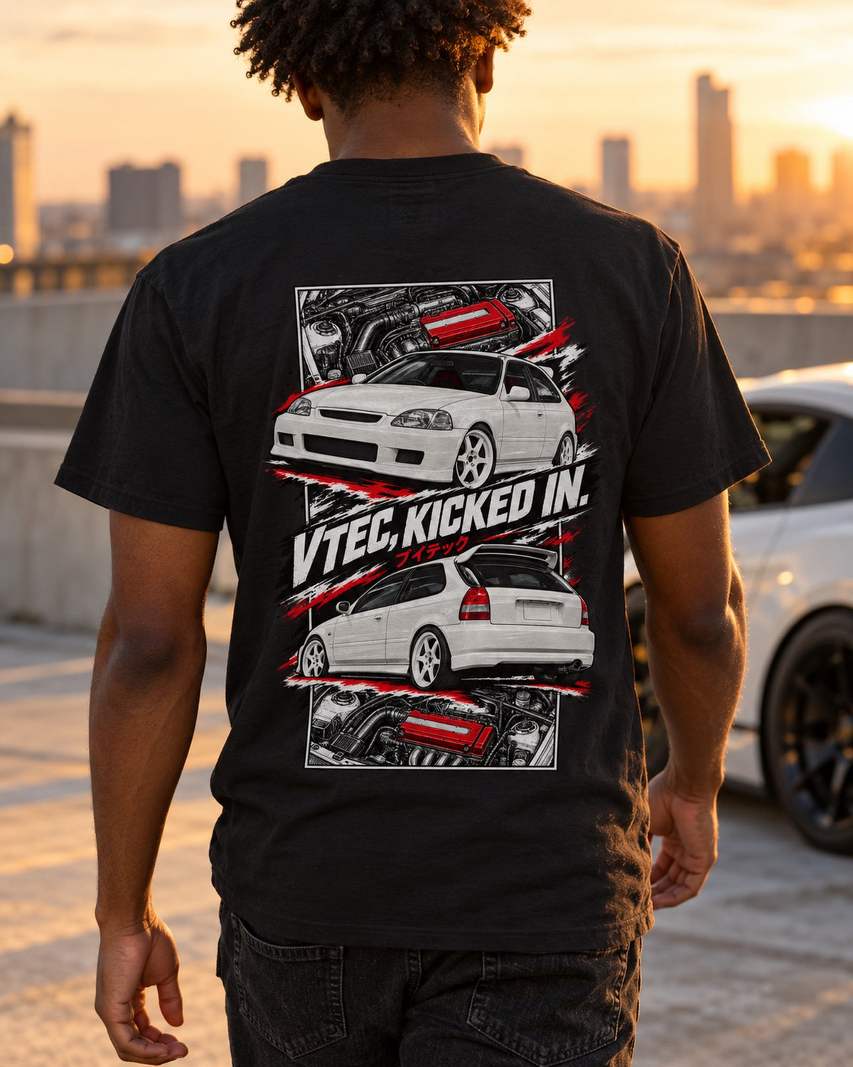 Honda Civic Ek9 Torn Poster Full-Back Graphic Tee T-Shirt Black worn hero
