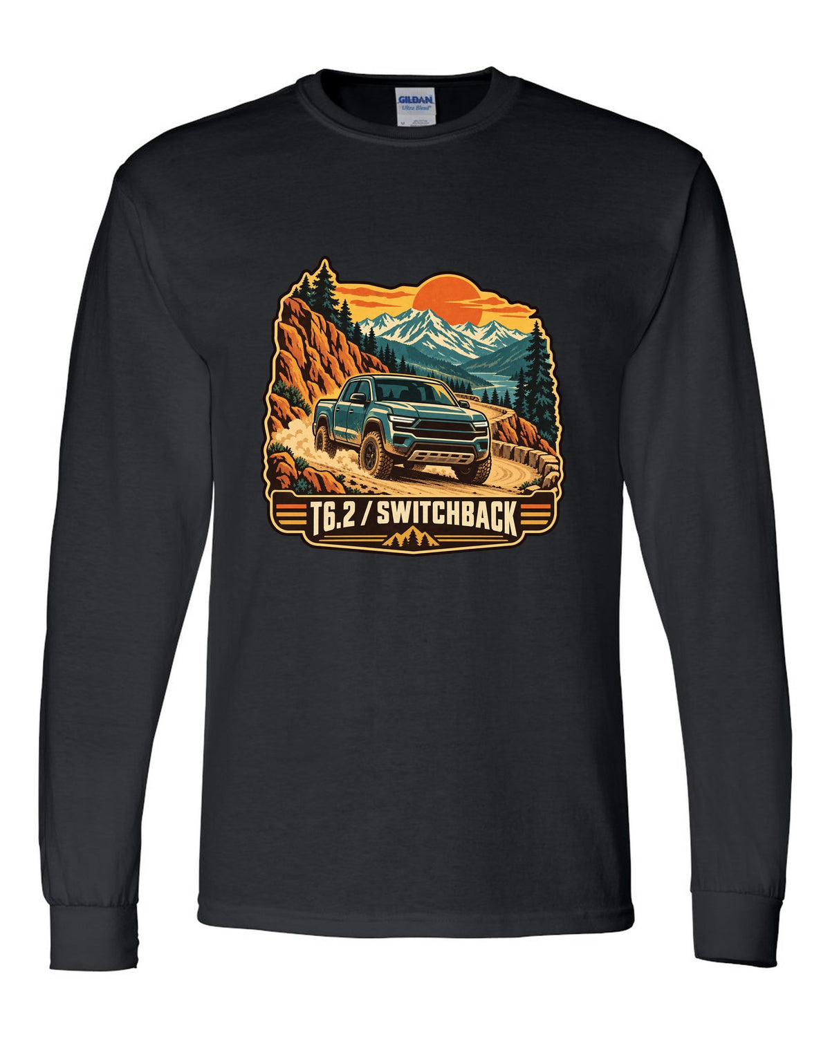 Vintage travel poster print of a 2022-present Ford Ranger T6.2 P703 on a switchback road black long sleeve front view with the design