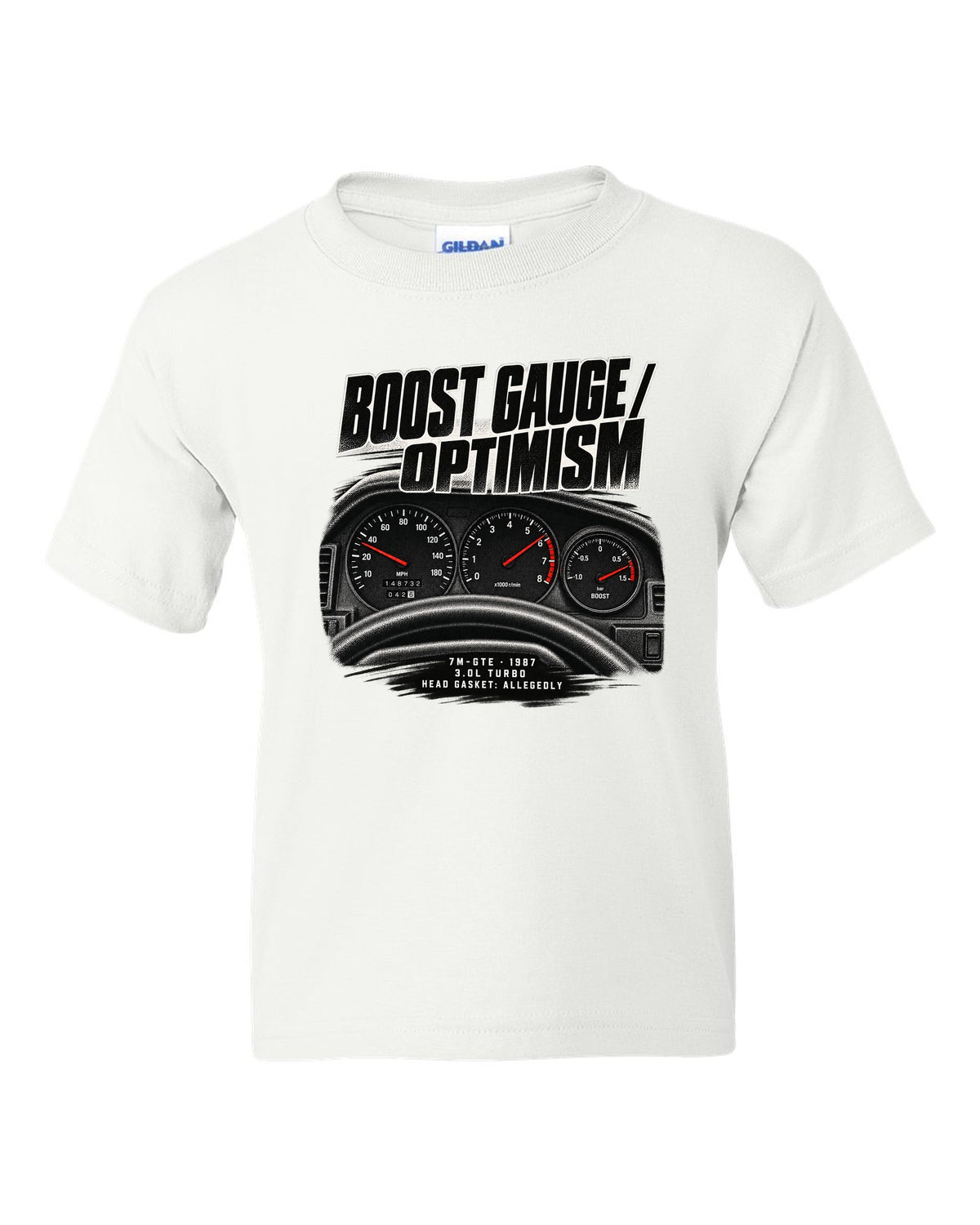 Cockpit gauge print for a Toyota Supra A70 MA70 with the text Boost Gauge Optimism 7M-GTE 1987 white kids tee front view with the design