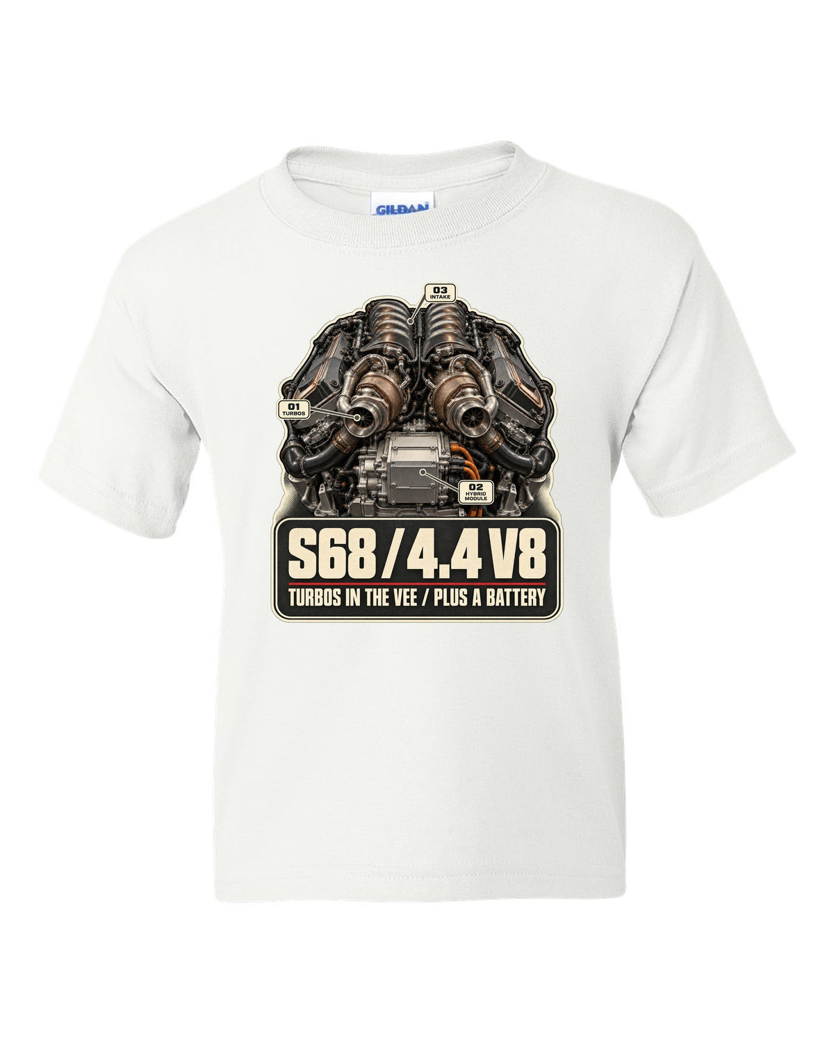Engine hero print of the S68 4.4 V8 in the BMW XM G09 white kids tee front view with the design