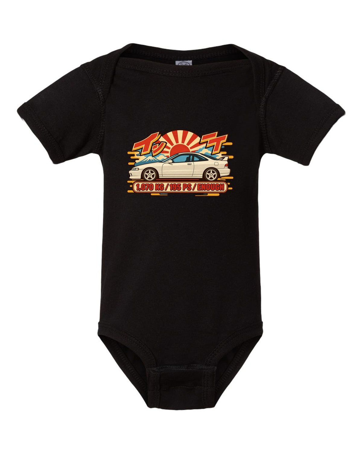 Showa catalogue ad style print of a 1995 Honda Integra DC2 coupe with 1,070 KG and 195 PS text black baby onesie front view with the design