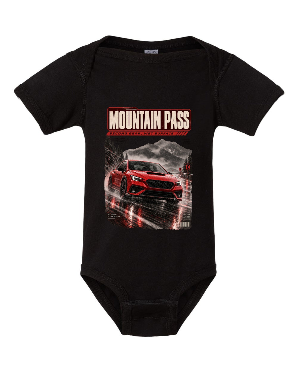 Red-orange monochrome Subaru WRX VB sedan on a wet mountain pass at night, poster-style print black baby onesie front view with the design