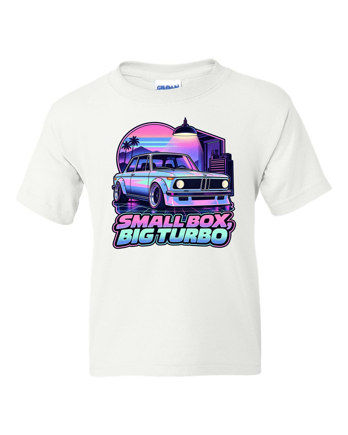 BMW 2002 turbo vaporwave pastel print with small box big turbo text white kids tee front view with the design