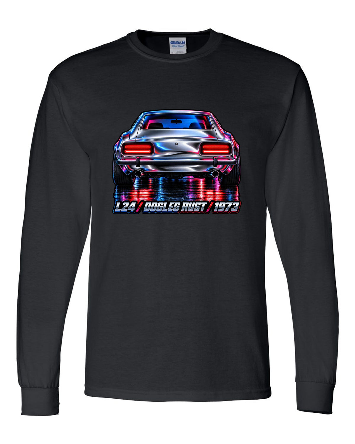 Airbrush chrome close-up of a 1973 Datsun 240Z rear taillights black long sleeve front view with the design