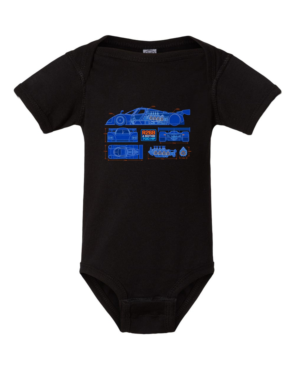 Technical blueprint cutaway of the Mazda 787B R26B four-rotor engine with 700 HP lettering black baby onesie front view with the design