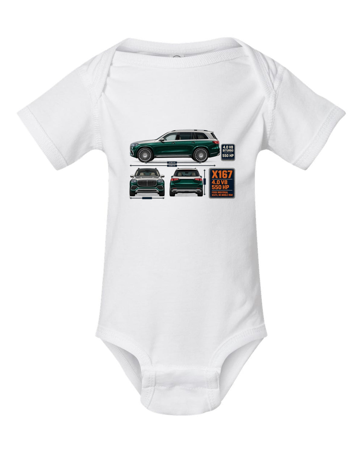 Mercedes-Maybach GLS 600 X167 three-view spec print in obsidian green and silver white baby onesie front view with the design