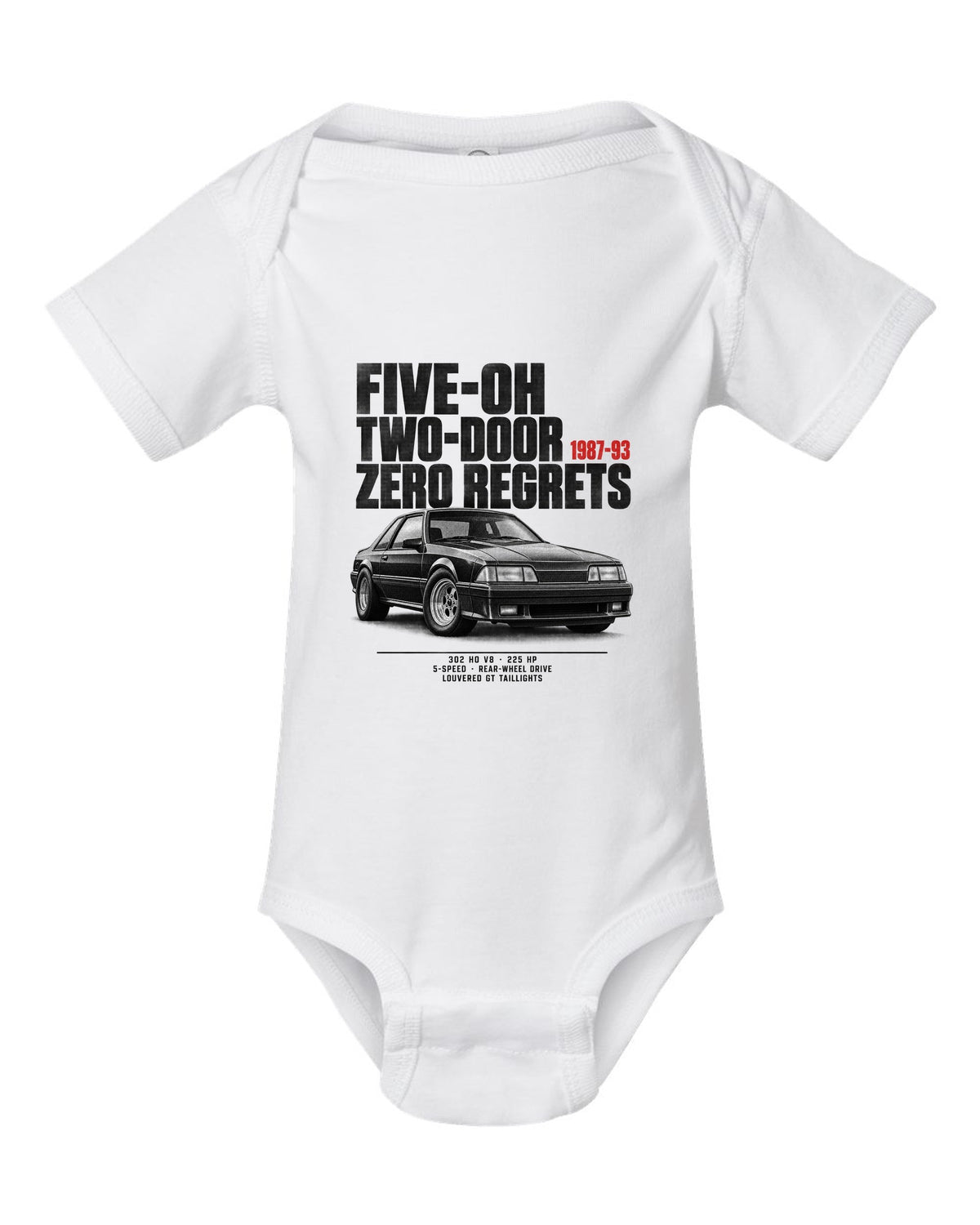 Halftone illustration of a Ford Mustang Fox body notchback with five-oh two-door lettering white baby onesie front view with the design