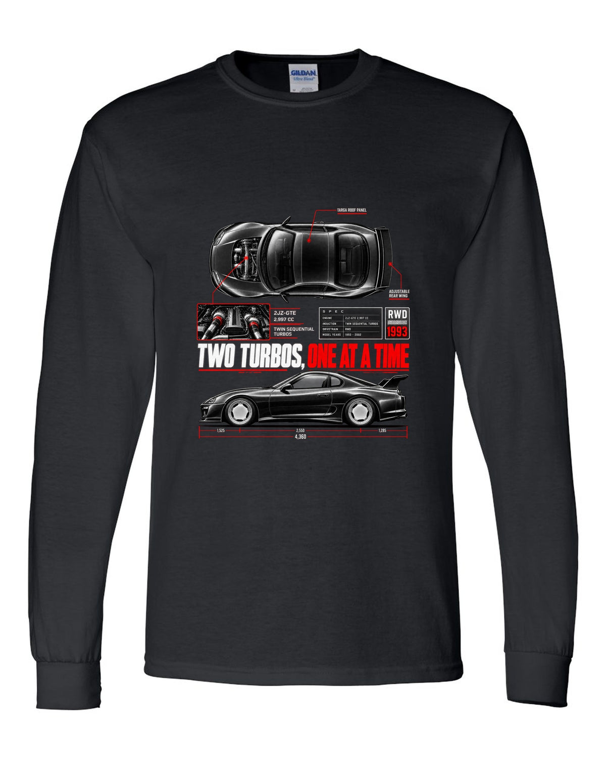Spec poster print of a Toyota Supra A80 JZA80 with 2JZ-GTE lettering black long sleeve front view with the design