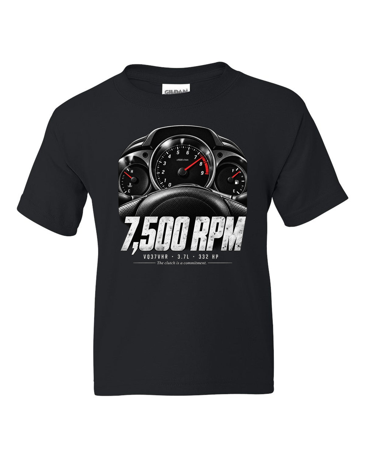 print of a Nissan 370Z Z34 gauge cluster at 7,500 RPM with VQ37VHR text black kids tee front view with the design