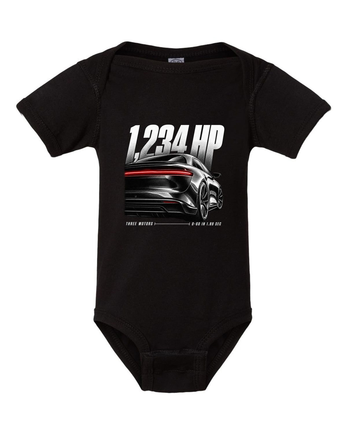 Rear detail macro of Lucid Air Sapphire 2023 with light slit and performance figures black baby onesie front view with the design