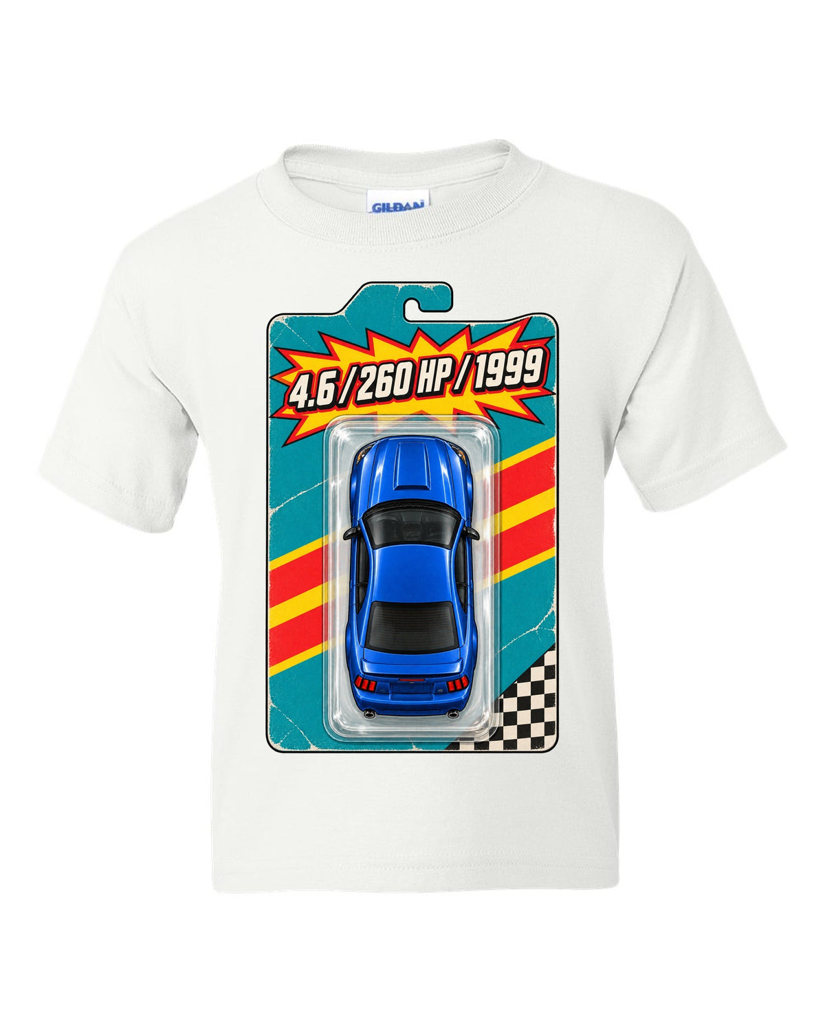 Toy blister card layout of a 1999-2004 New Edge Ford Mustang coupe with 4.6 260 HP text white kids tee front view with the design